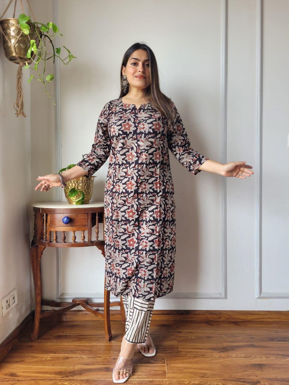 Black Floral Cotton Kurti Pant Set for Women