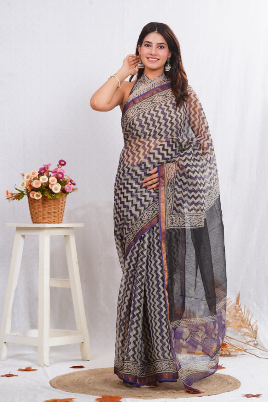 Grey & Purple Zigzag Printed kota doriya saree (BFKS18)