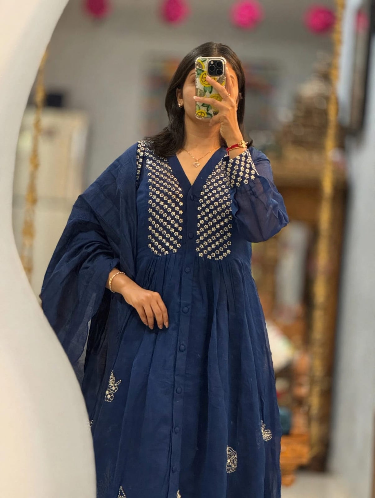 Navy Blue Cotton Embroidery Anarkali Kurti Pant Dupatta Set