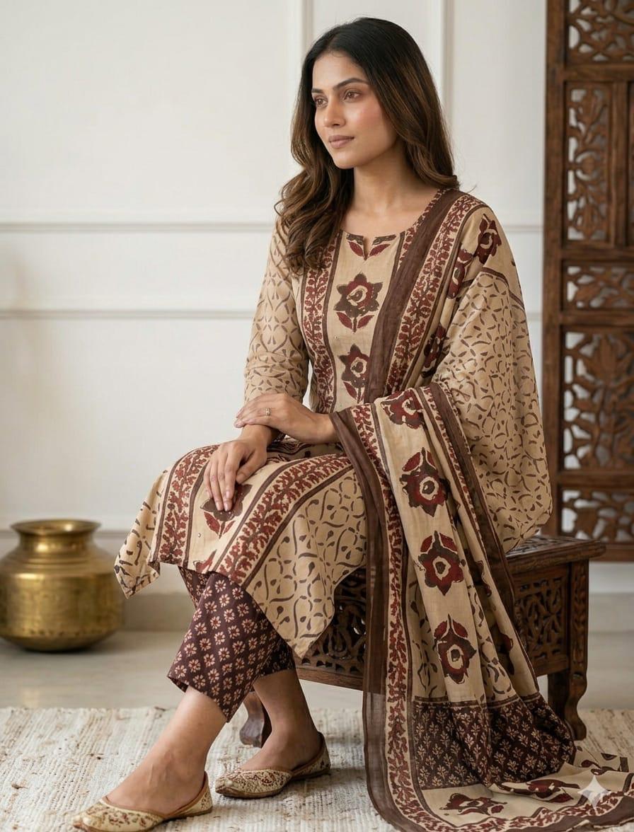 Beige & Brown Floral Print Cotton Kurti Set with Sequence Work