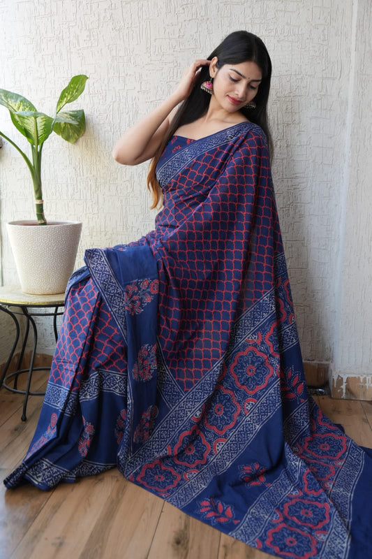 Navy Blue Printed Cotton Saree – Soft Cotton Saree for Women (BFCS13)
