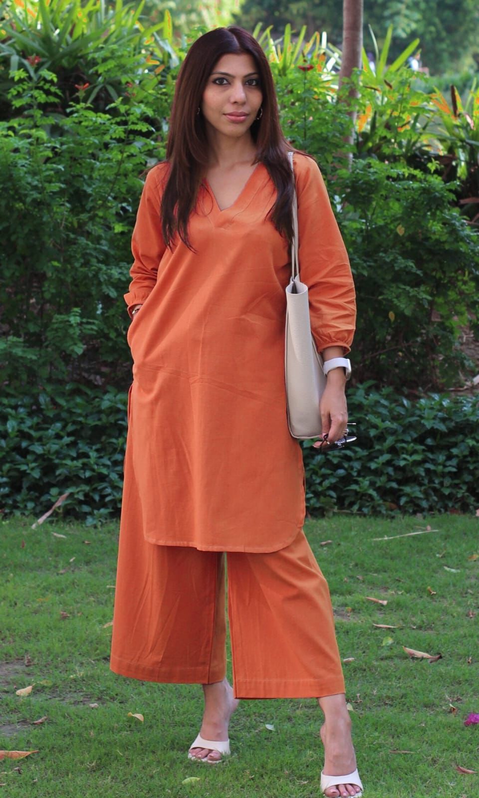 Rust Orange Cotton Slub Kurta Pant Set | Elegant Office Wear Set