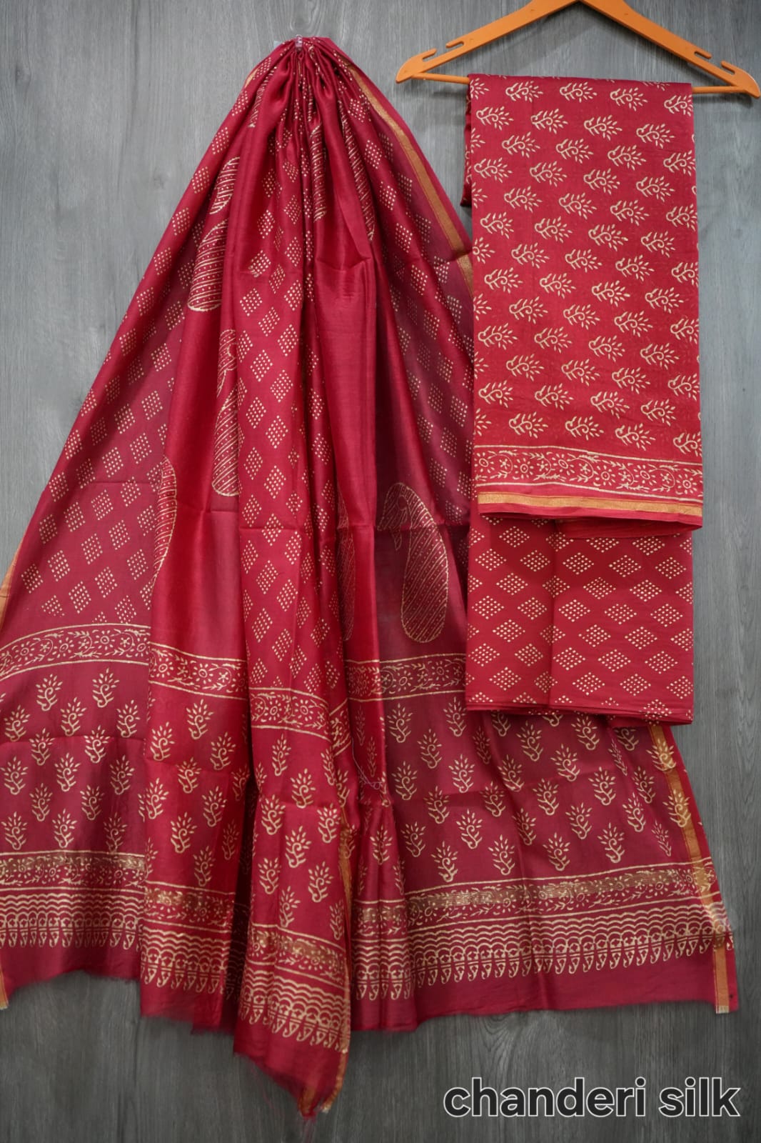 Deep Red & Gold Hand Block Print Chanderi Silk Dress Material (BFCHS23)