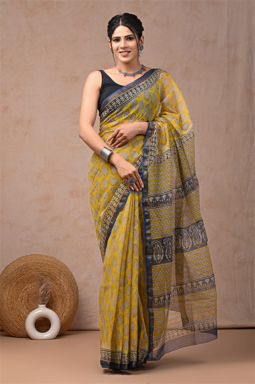 Mustard Yellow Kota Doriya Saree | Paisley Hand Block Print | Ajrak Pallu (BFKS52)
