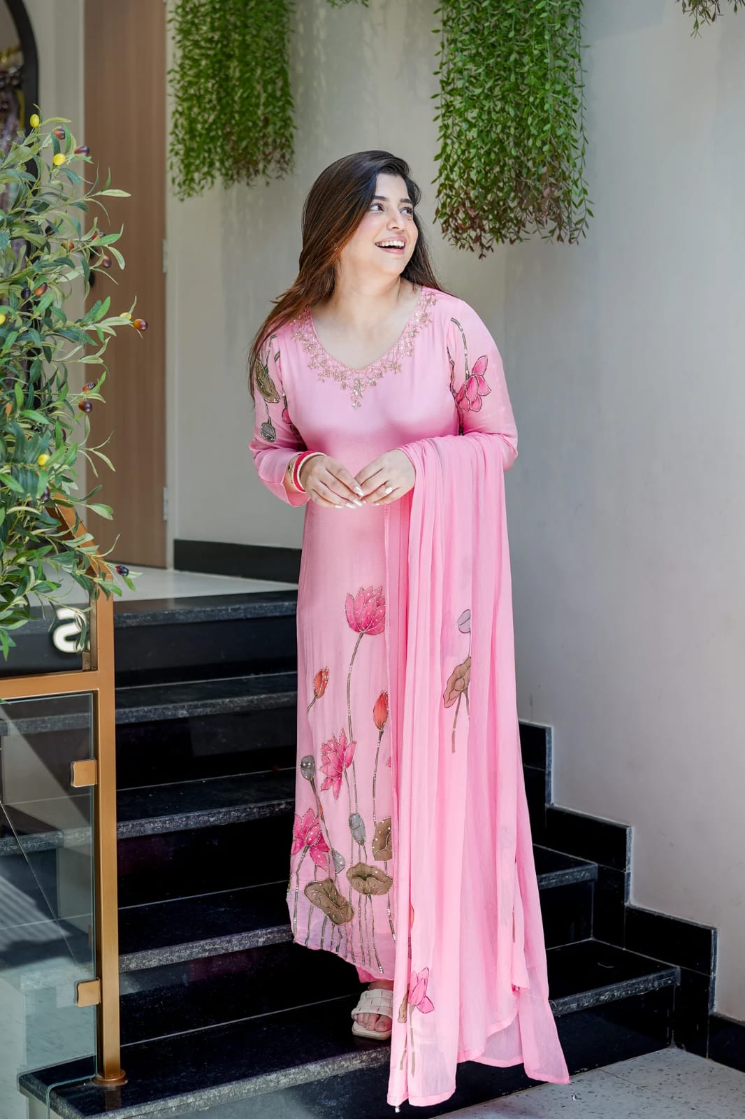 Pink Lotus Print Premium Muslin Suit Set | Hand Embroidered Sequin Work Festive Wear