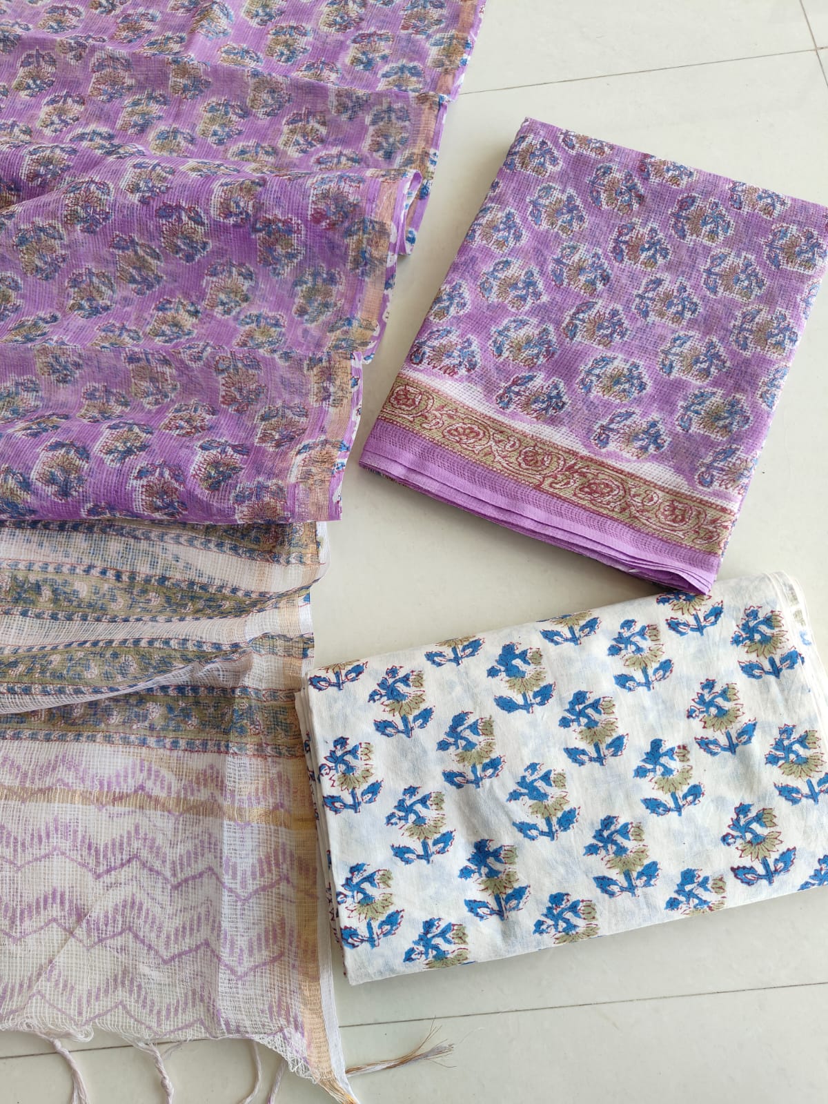Lavender Blue Floral Buti Hand Block Print Kota Doriya Suit (BFFKO83)