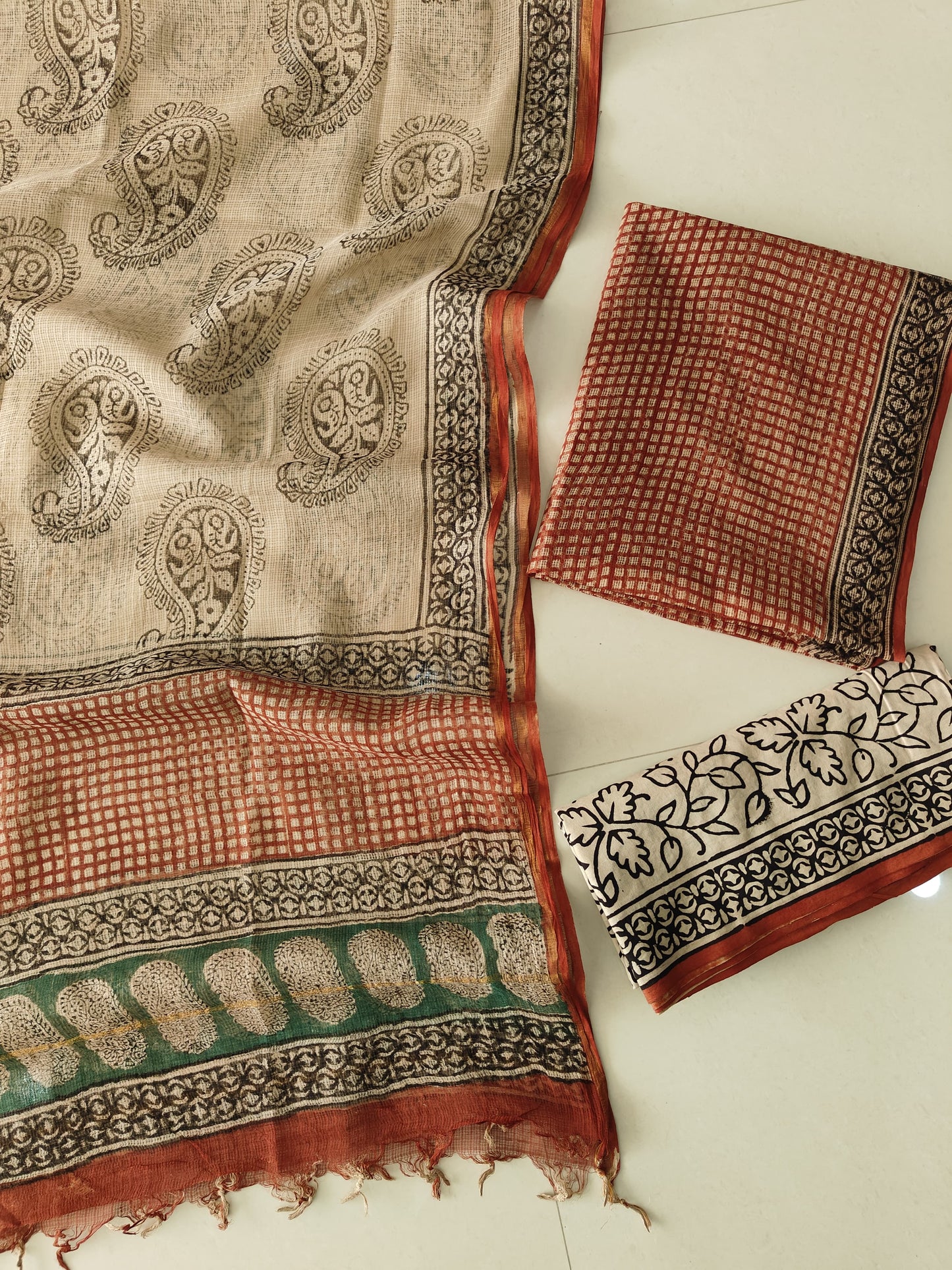 Beige Paisley & Rust Check Block Print Kota Doriya Suit (BFFKO87)