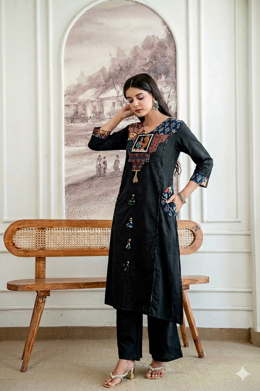 Black Pure Cotton Suit Set with Kalamkari Print Dupatta