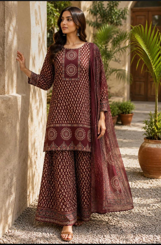Maroon Cotton Printed Gopi Sharara Set | Ajrakh Print Kurti with Dupatta