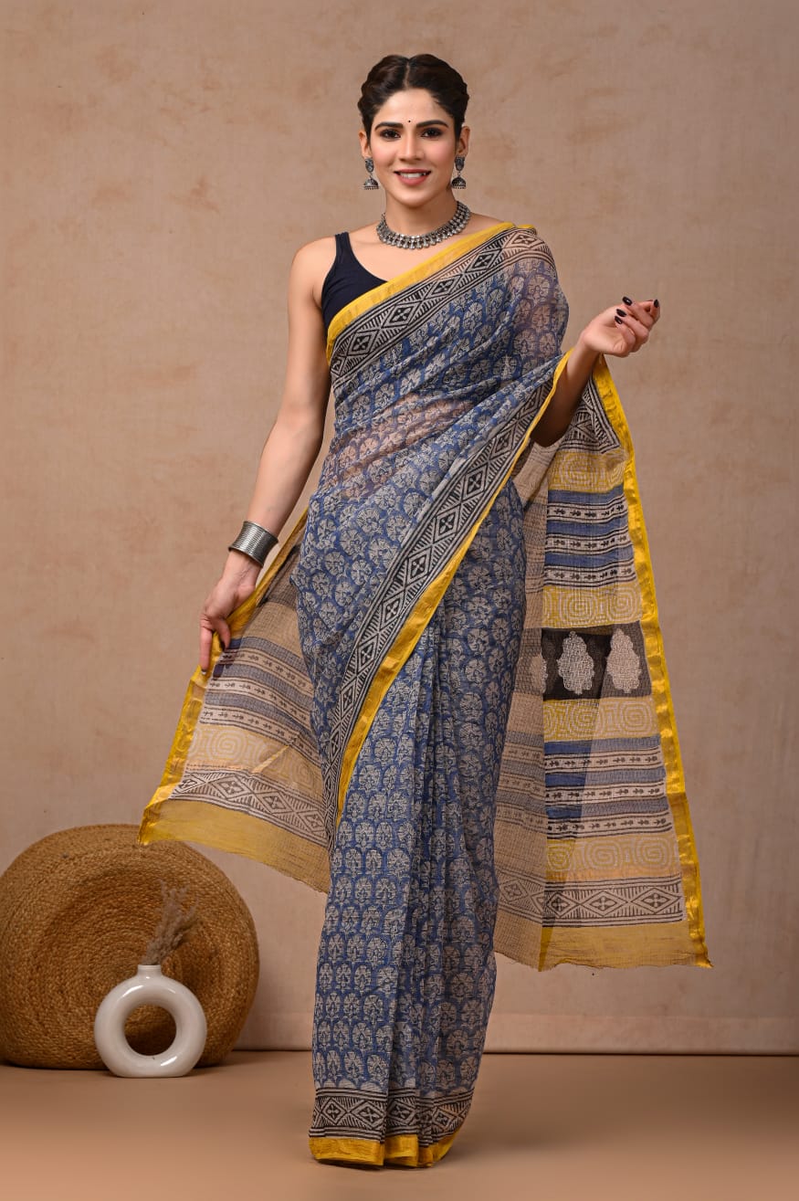 Steel Blue Kota Doriya Saree | Floral Jaal Hand Block Print | Mustard Yellow Zari Border (BFKS62)
