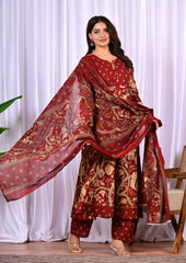 Maroon Printed Kurta Pant Dupatta Set for Women