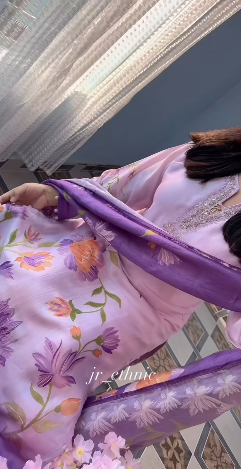 Lavender Floral Print Soft Silk Kurti Palazzo Dupatta Set