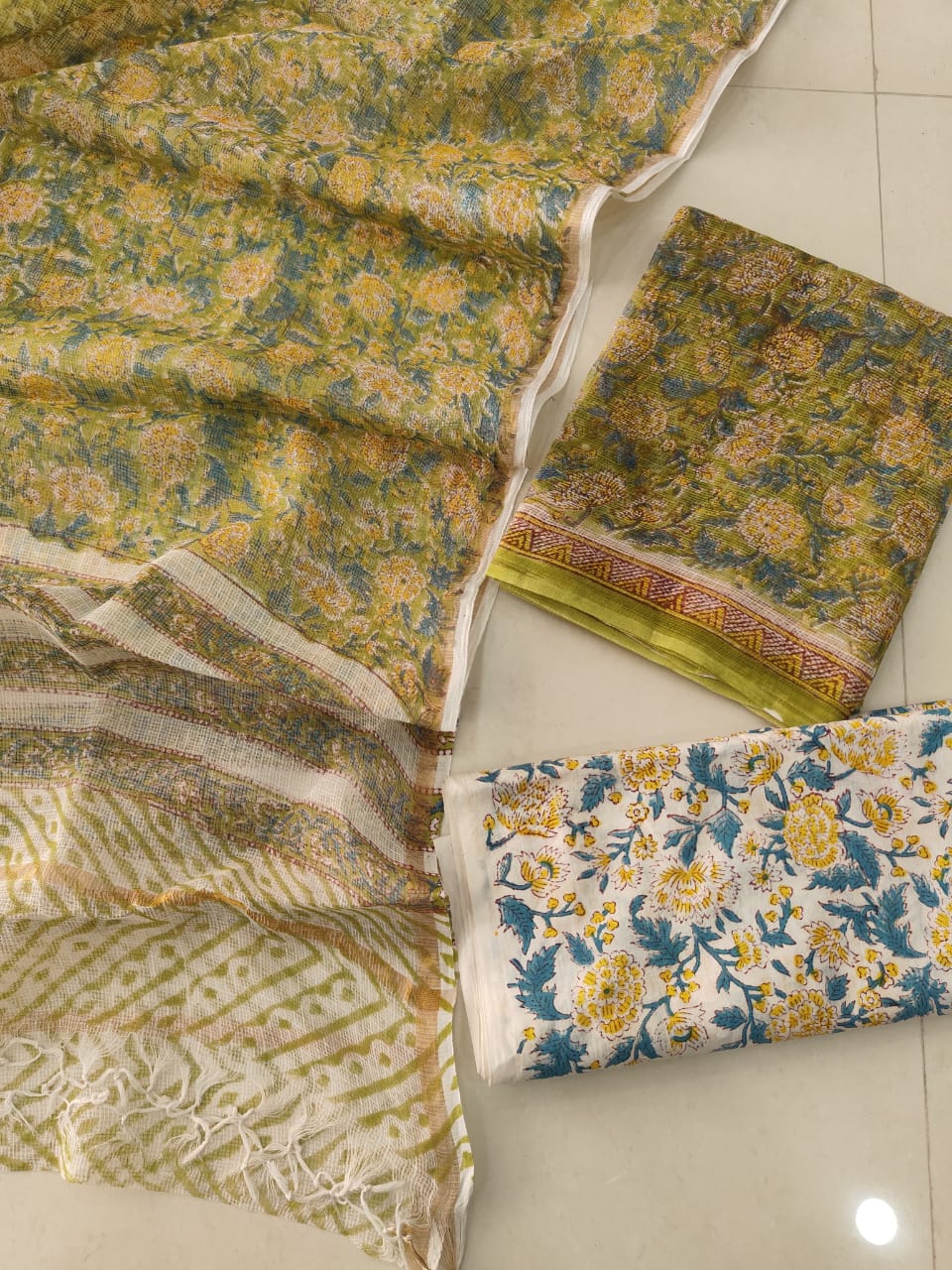 Olive Green Marigold Hand Block Print Kota Doriya Suit (BFFKO65)