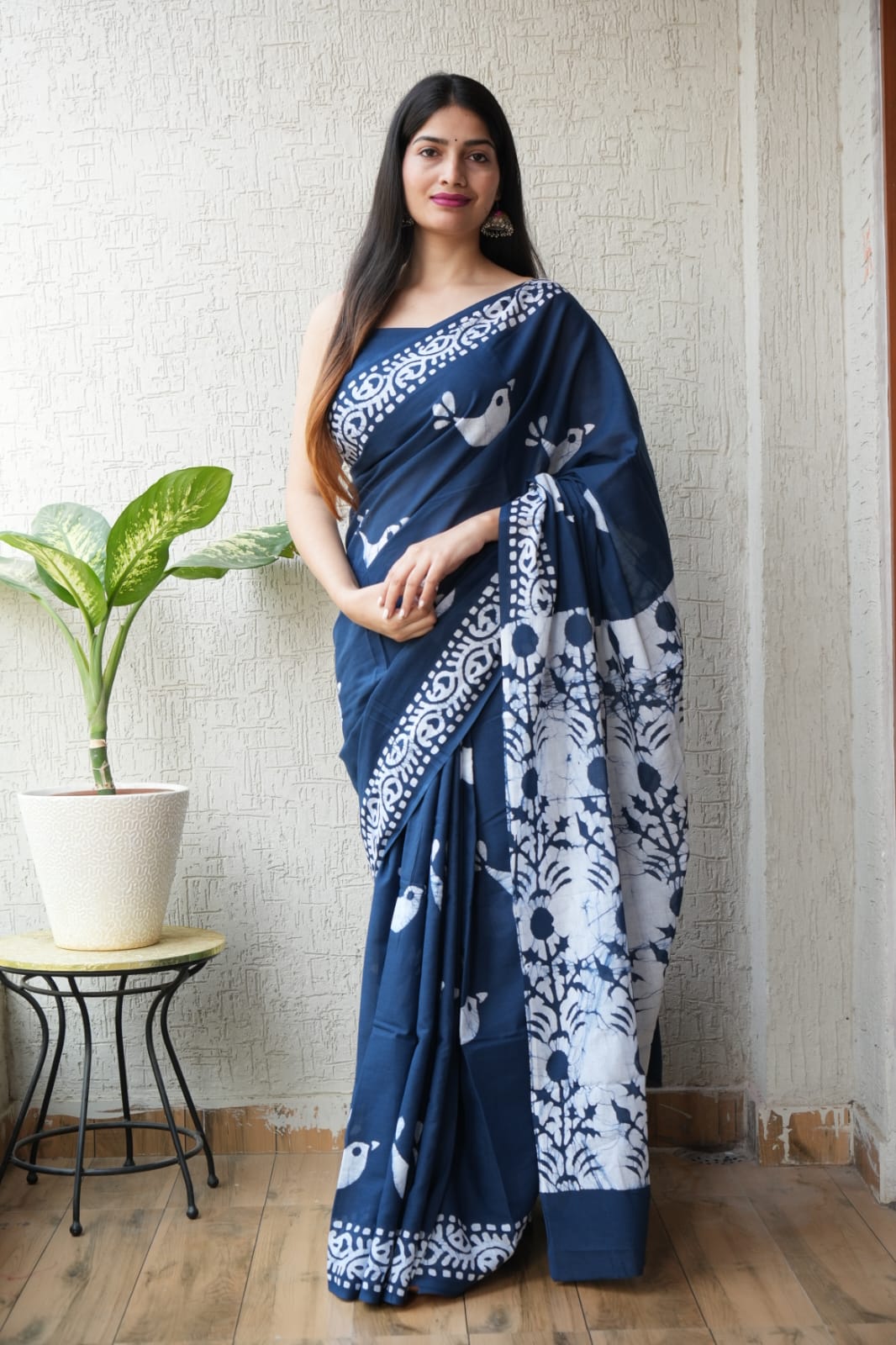 Navy Blue Hand Block Printed Cotton Saree with Blouse (BFCS73)