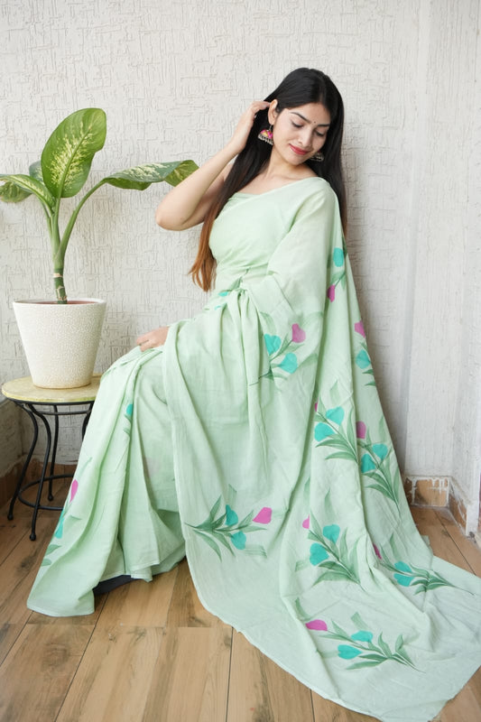 Light Green Floral Cotton Saree – Soft Cotton Saree for Women (BSCS38)