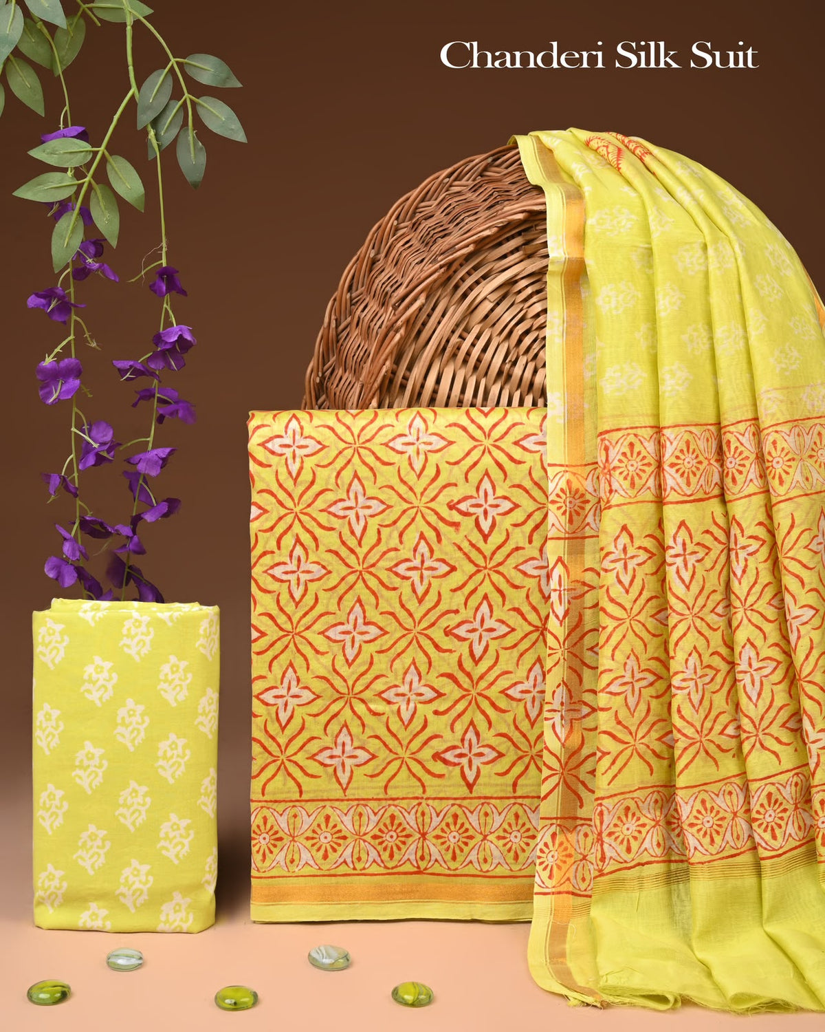 EXCLUSIVE HAND BLOCK CHANDERI SILK SUIT SET WITH CHANDERI DUPATTA