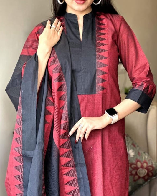 Black Red South Cotton Handloom Kurti Set with Temple Border