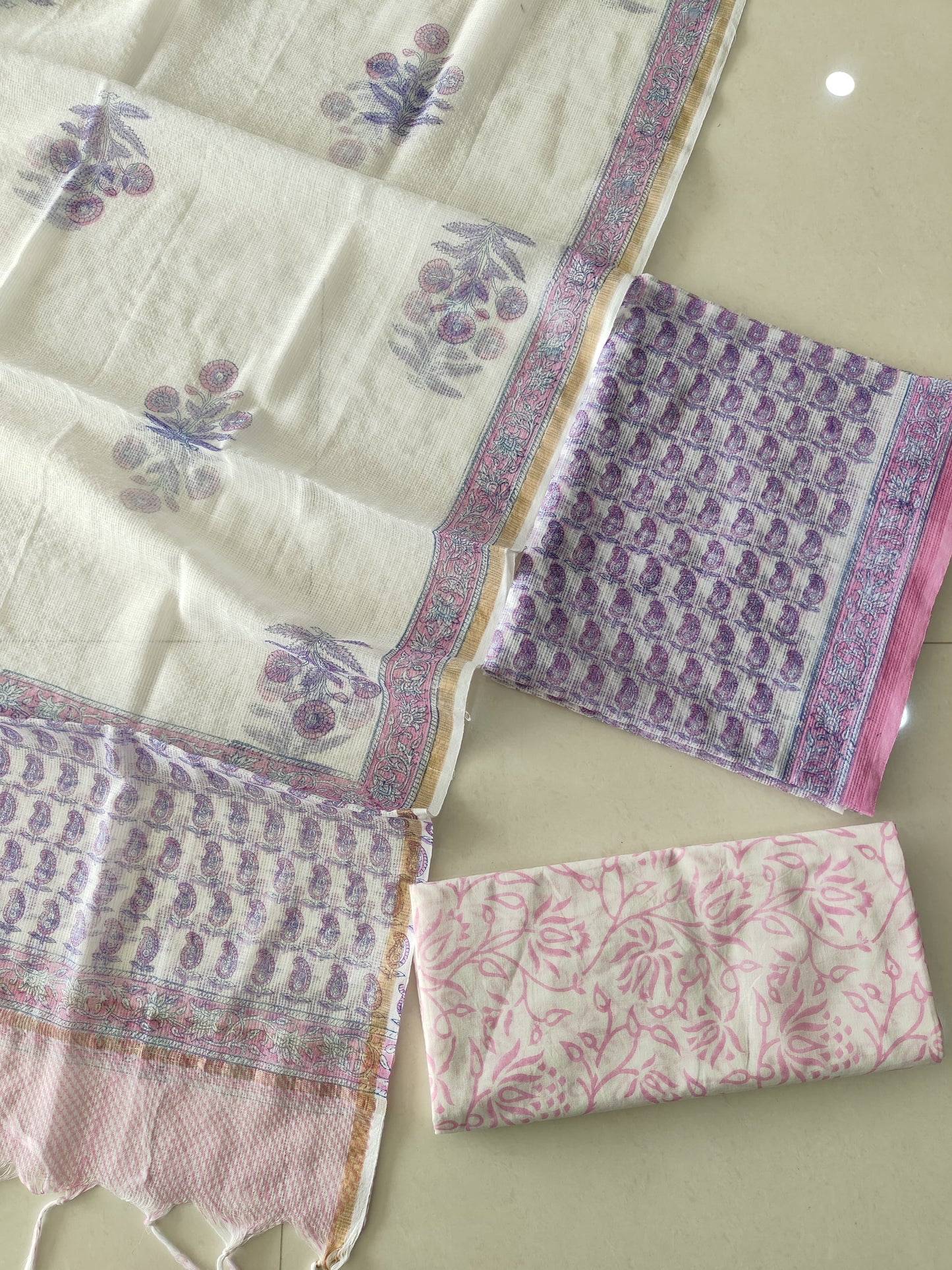 Lavender & Pink Floral Block Print Kota Doriya Suit (BFFKO86)