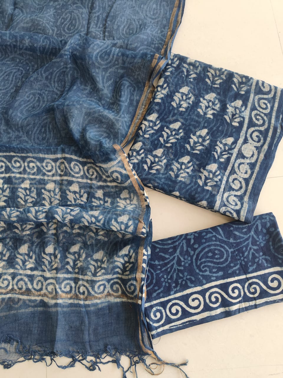 Classic Indigo Hand Block Print Kota Doriya Suit | (BFFKO62)