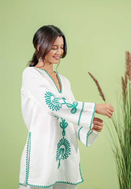 White Pure Cotton Aari Work Co-ord Set | Green Embroidered Kurti with Pant