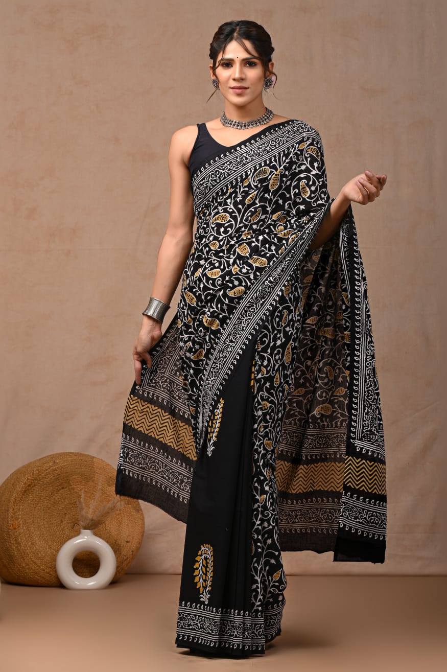 Black Hand Block Printed Cotton Saree with Blouse (BFCS88)