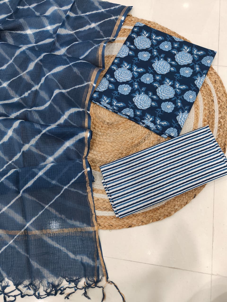 Premium Sanganeri Printed Cotton Suit With Kota Doria Duppta(BFCOTKD06)