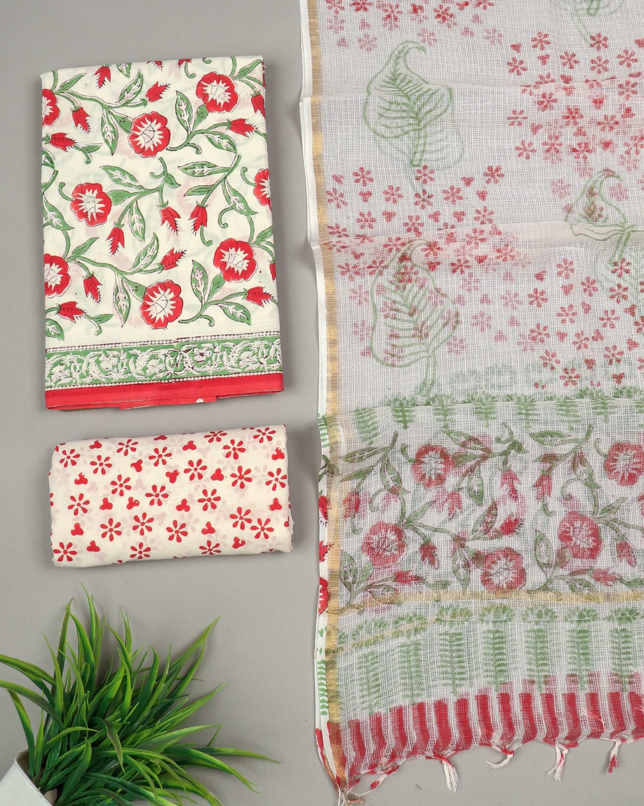 Premium Sanganeri Printed Cotton Suit With Kota Doria Duppta(BFCOTKD15)