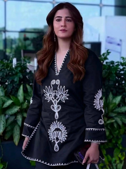 Black Pure Cotton Aari Work Co-ord Set | Embroidered Kurti with Pant