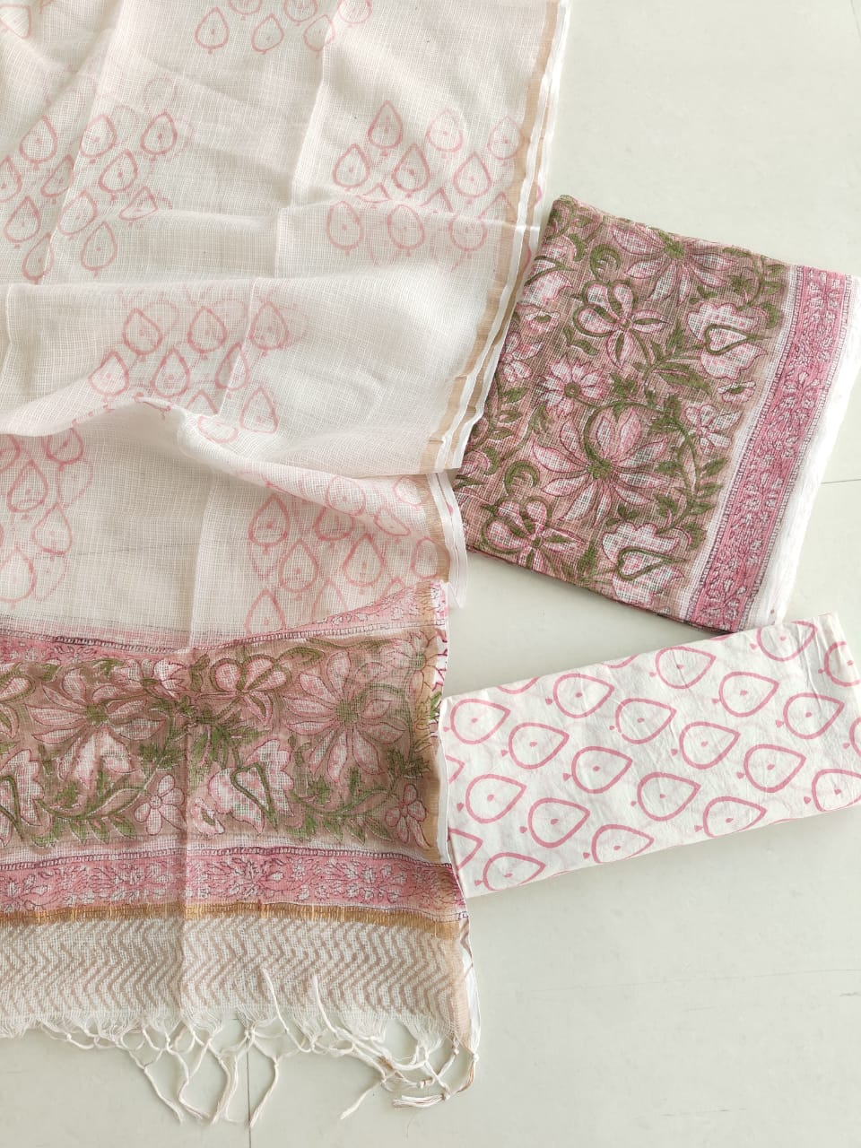 Pink Floral Hand Block Print Kota Doriya Suit (BFFKO58)