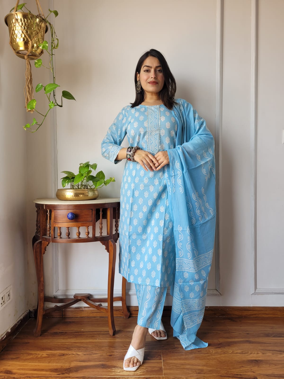 Sky Blue Hand Block Printed Cotton Suit for Women