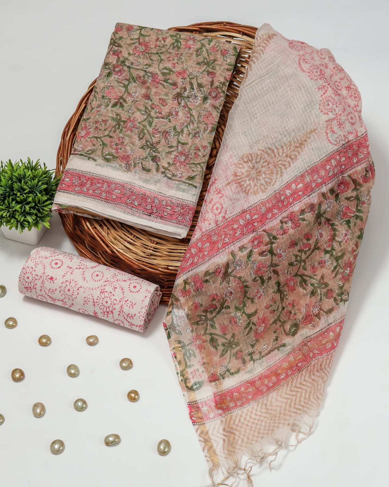 Peach Pink Floral Hand Block Print Kota Doriya Suit (BFFKO67)