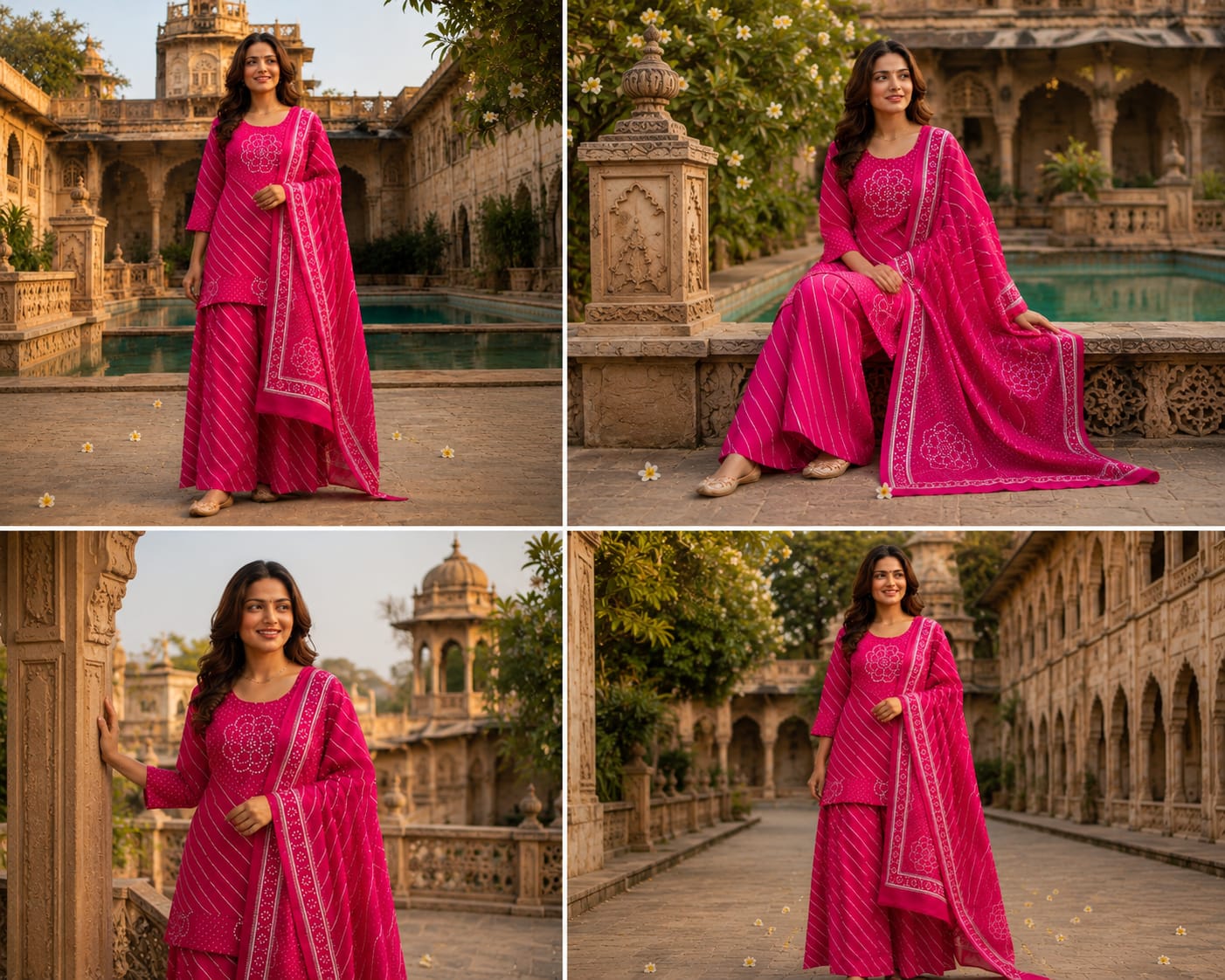 Rani Pink Lahriya Bandhej Cotton Kurti Palazzo Set