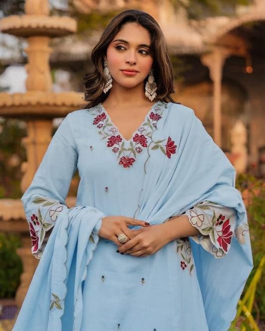 Sky Blue Cotton Anarkali Kurta Pant with Embroidered Dupatta | Designer Suit Set