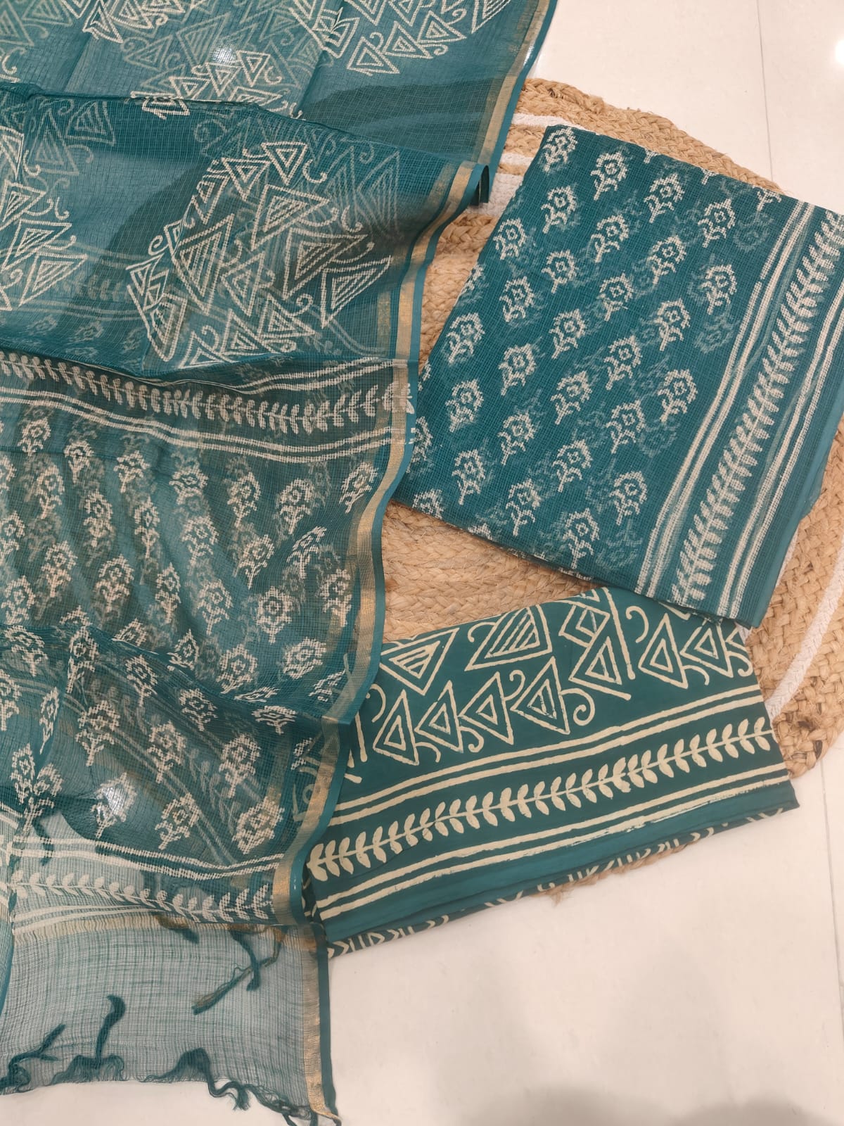 Teal Geometric Printed kota doriya Suit Set (BFFKO12)