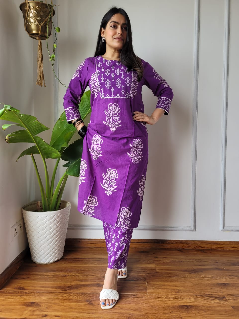 Purple Floral Cotton Kurti Pant Set for Women