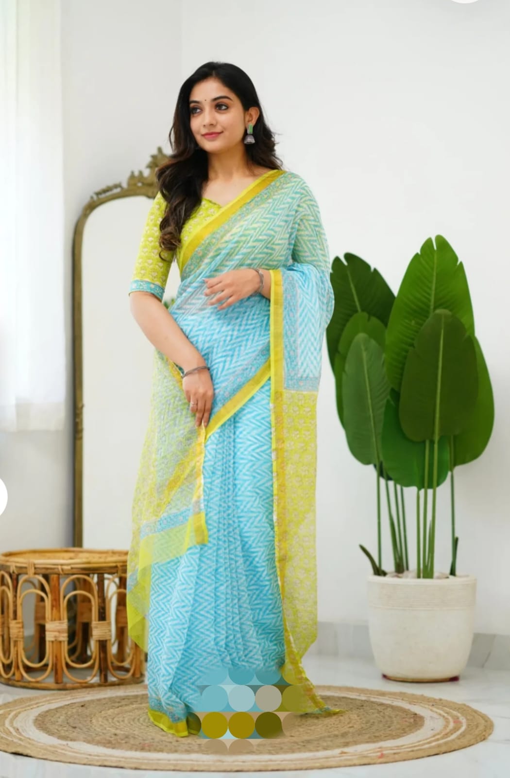 Sky Blue Yellow Kota Doriya Saree | Hand Block Printed (BFKS43)