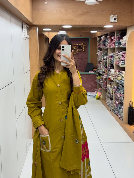Mustard Green Cotton Kurta Pant Dupatta Set | Embroidered A-Line Suit for Women