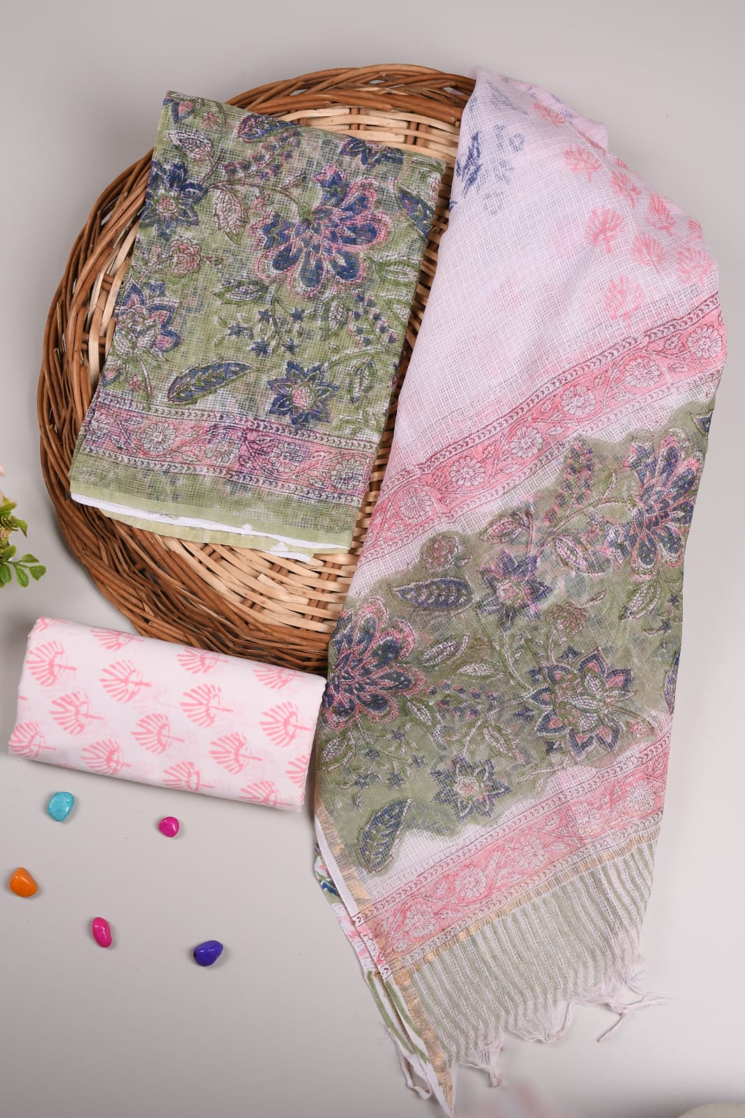 Pink & Green Floral Printed kota doriya Suit Set (BFFKO11)