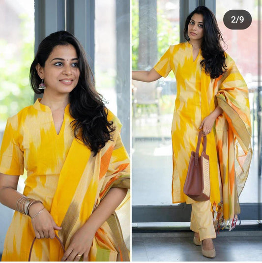 Yellow Ikat Print Handloom Cotton Kurti Set