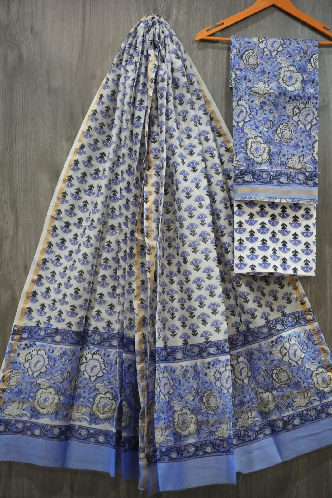 Periwinkle Blue & White Floral Butti Hand Block Print Chanderi Silk Dress Material (BFCHS42)