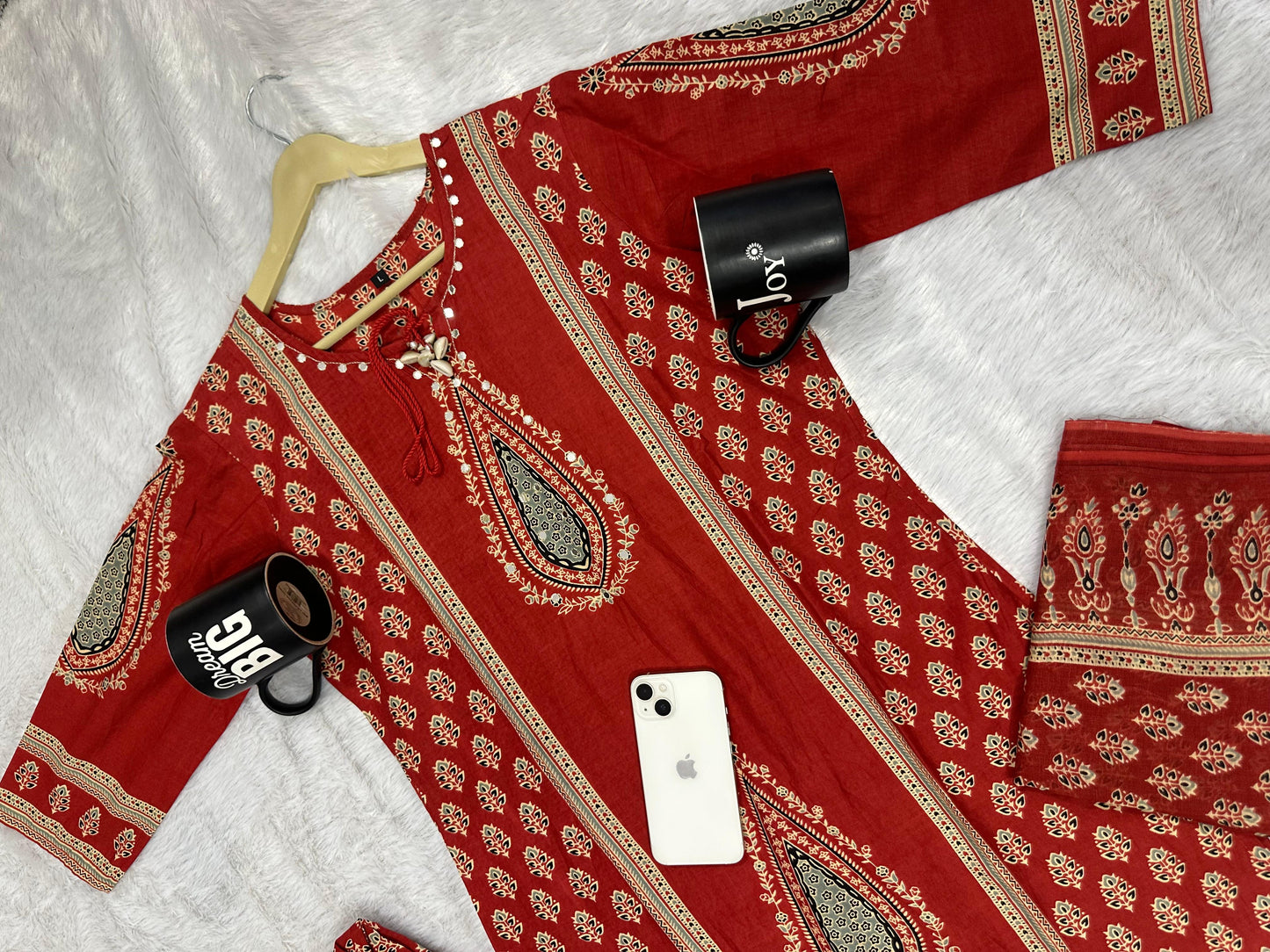 Maroon Cotton Printed Kurti Pant Dupatta Set