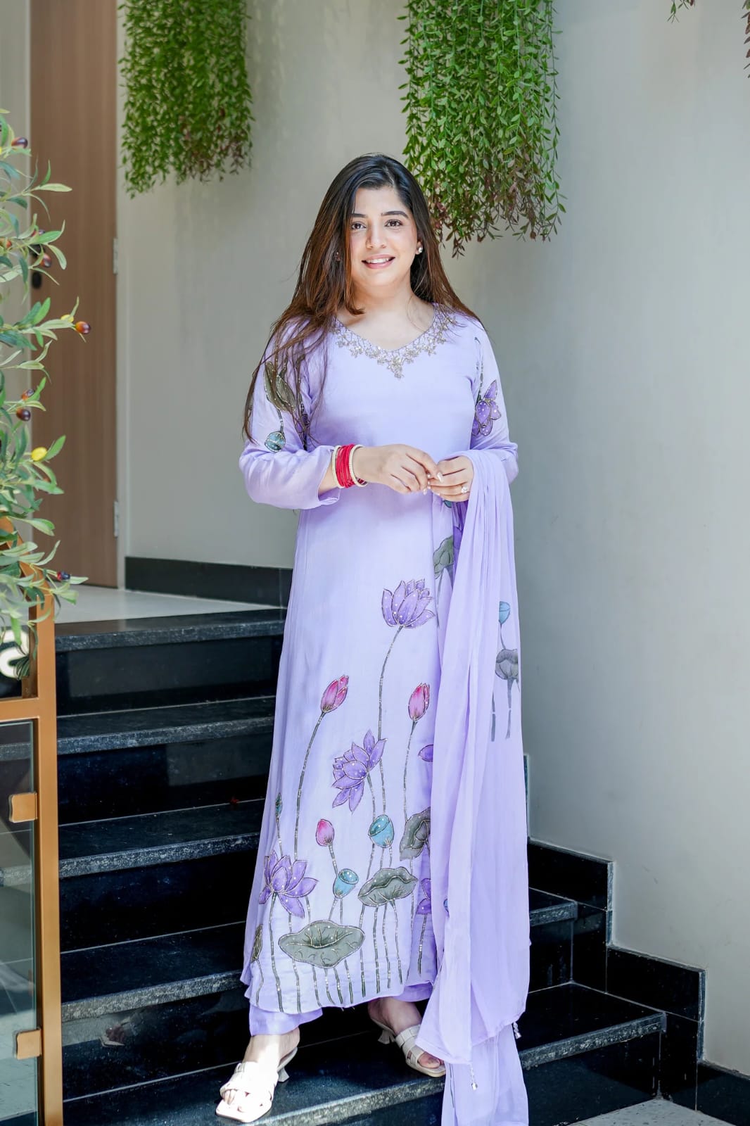Lavender Lotus Print Premium Muslin Suit Set | Hand Embroidered Sequin Work Festive Wear