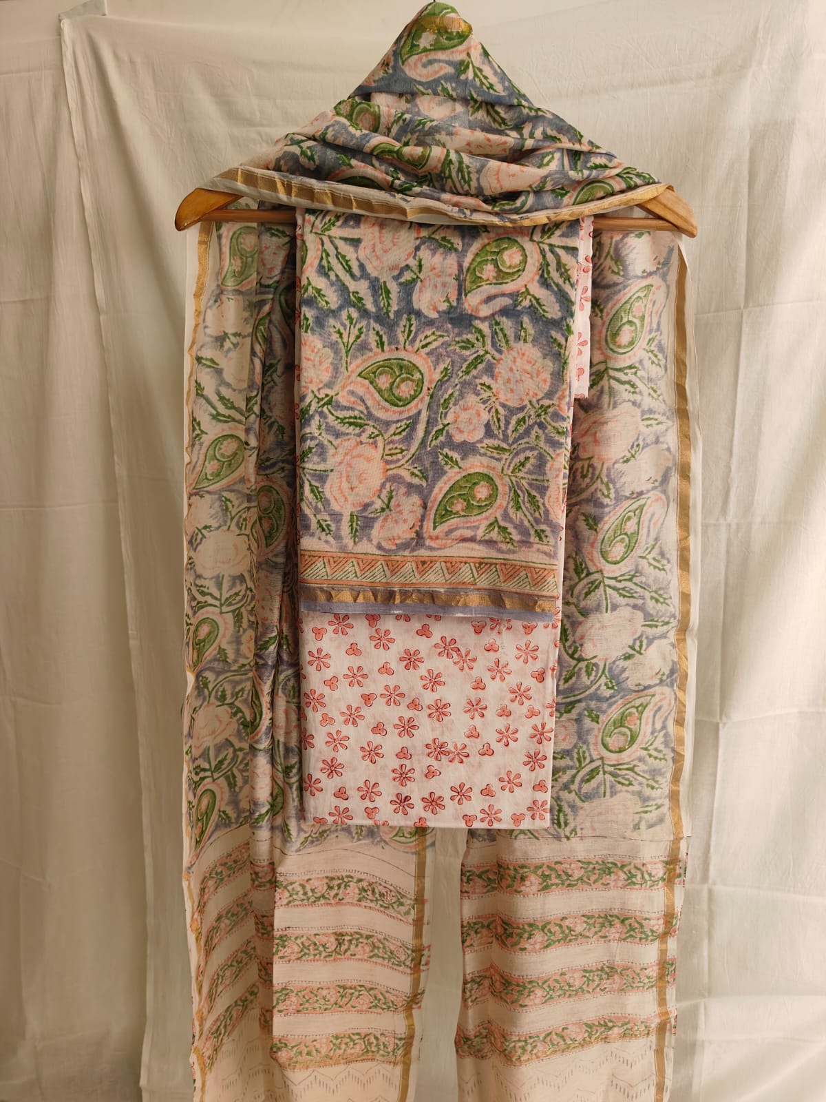 Grey Blue & Peach Paisley Hand Block Print Chanderi Silk Dress Material (BFCHS08)
