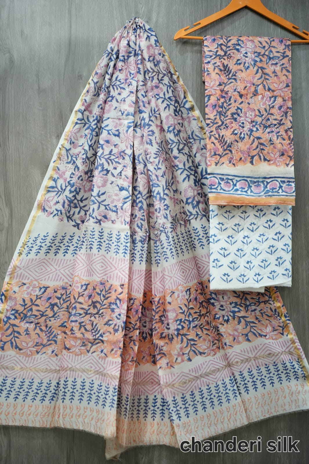 Peach & Blue Floral Vine Hand Block Print Chanderi Silk Dress Material (BFCHS15)
