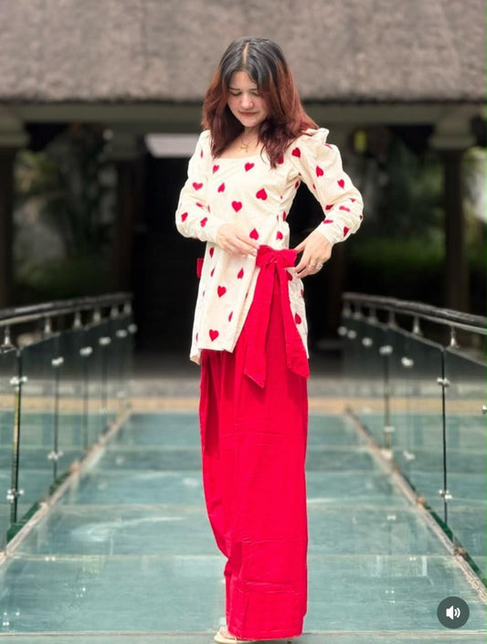 White Cotton Heart Embroidery Farshi Coord Set with Bow