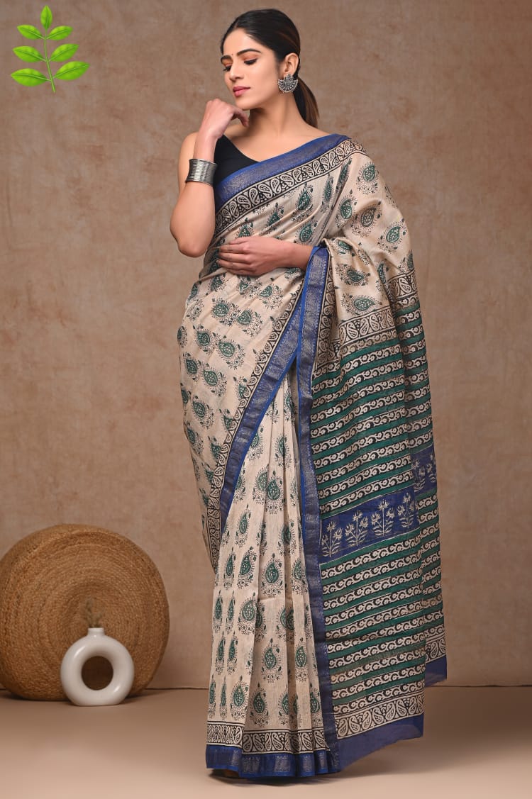 New Designer Hand Block Print Maheshwari Silk Saree (BFMSARE80)