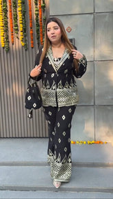 Enjoy your Summer taksido girls suit with our amazing jecket type cort set soft Cotton flex kurta cord set
With trendy Black goldan embroidery colour.