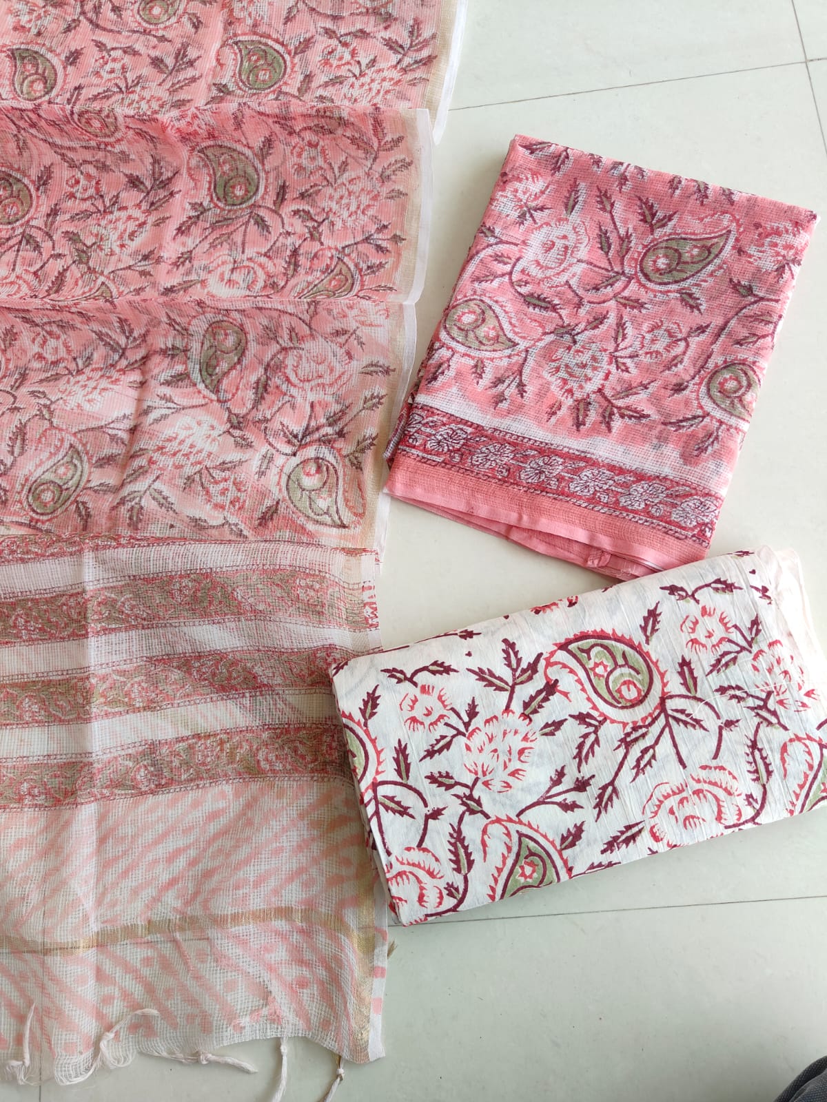Peach Pink Paisley Hand Block Print Kota Doriya Suit (BFFKO80)