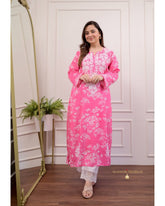 Chikankari outfits are the love of every woman. These elegant Chikankari Kurtas in mul mul cotton are perfect for everyday wear and festive gatherings. It is crafted with finest Chikankari Embroidery and floral prints all-over.