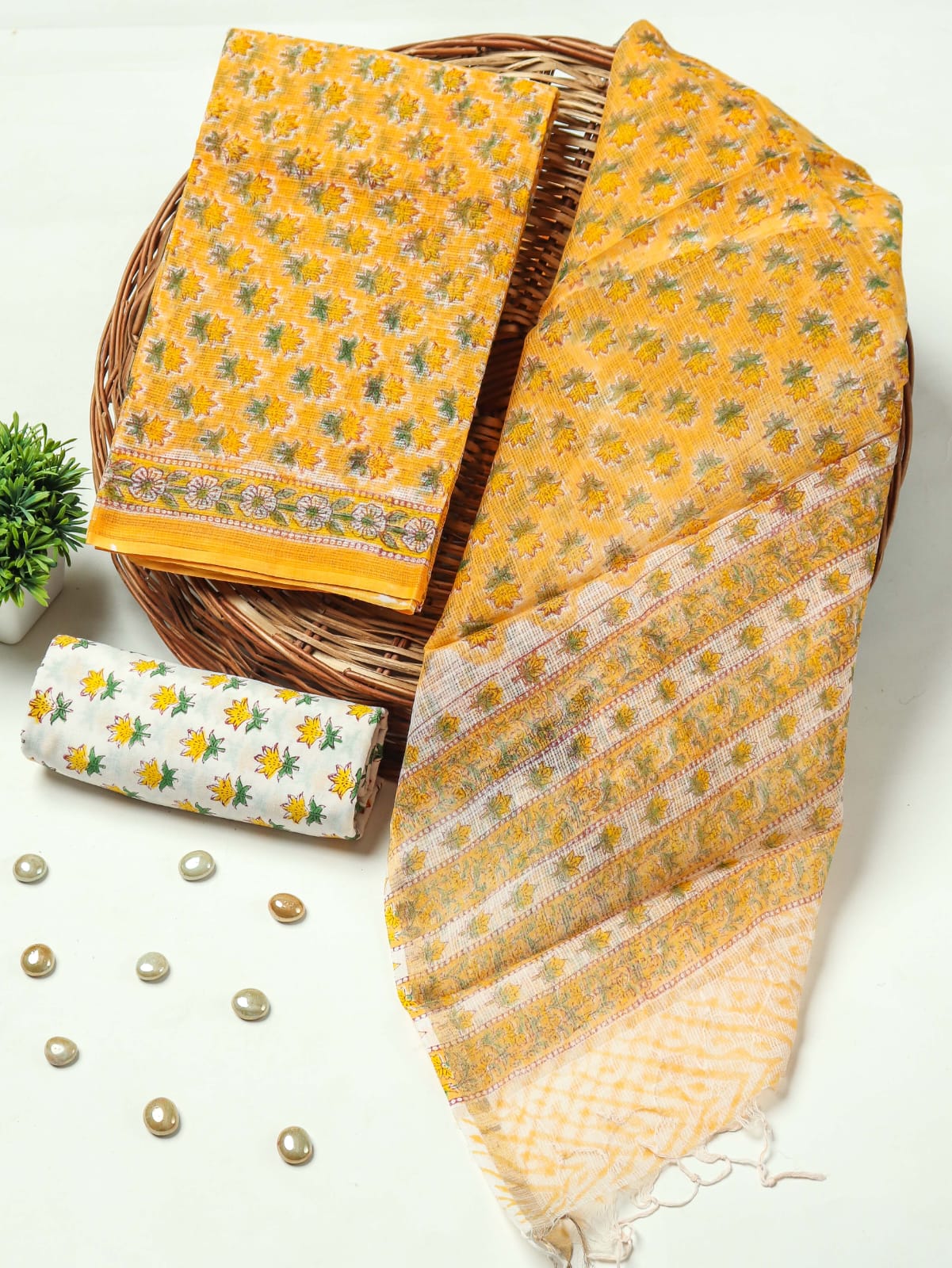 Mango Yellow Floral Hand Block Print Kota Doriya Suit (BFFKO64)